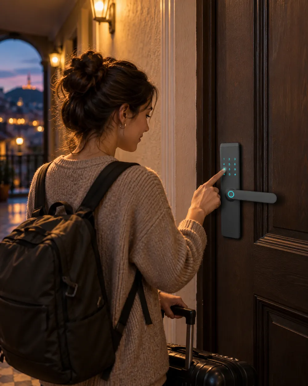 A traveller entering a code on a Meloc lock at a short-stay apartment
