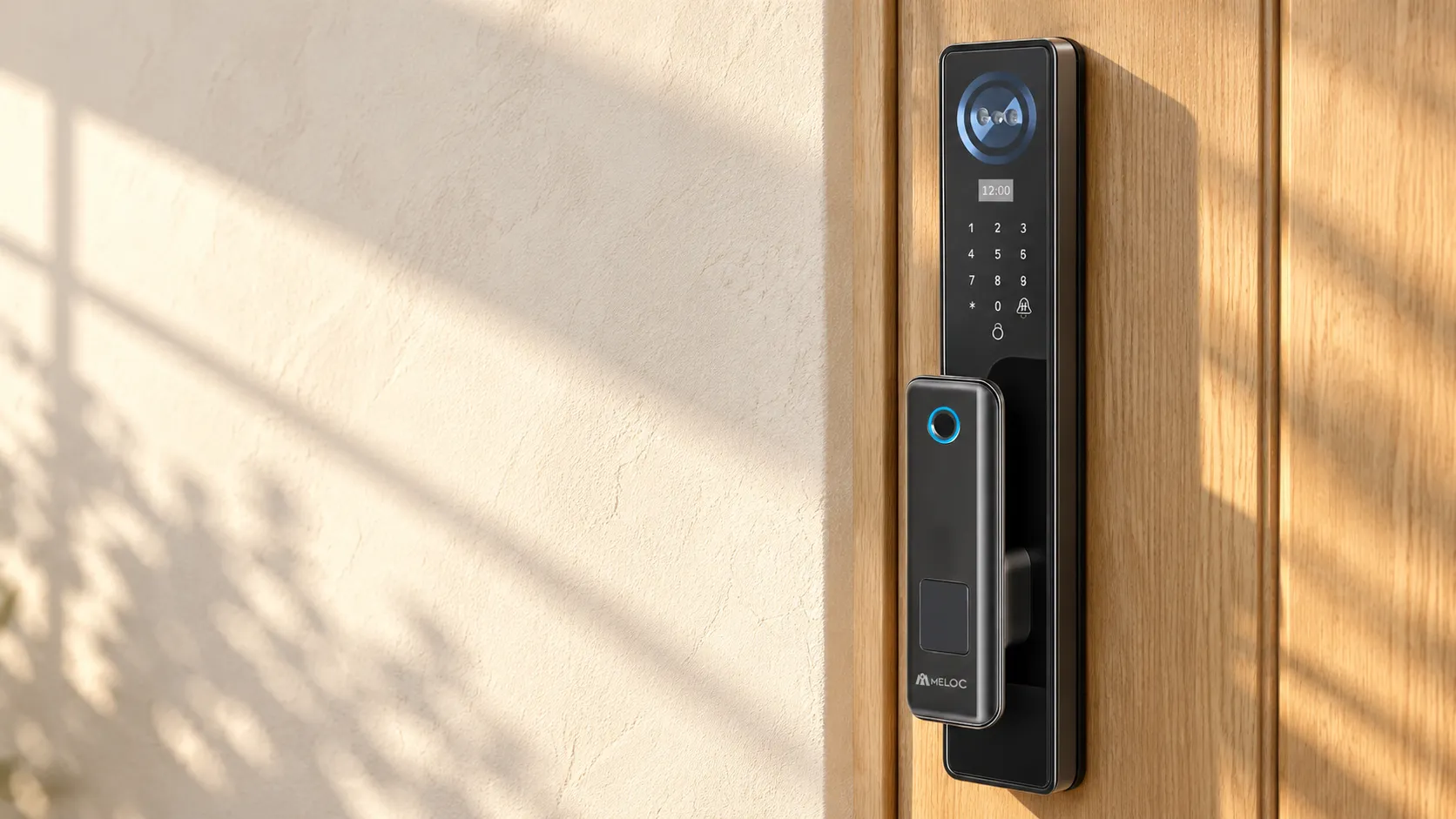 Meloc Prime C10 smart lock on an oak front door in evening sun