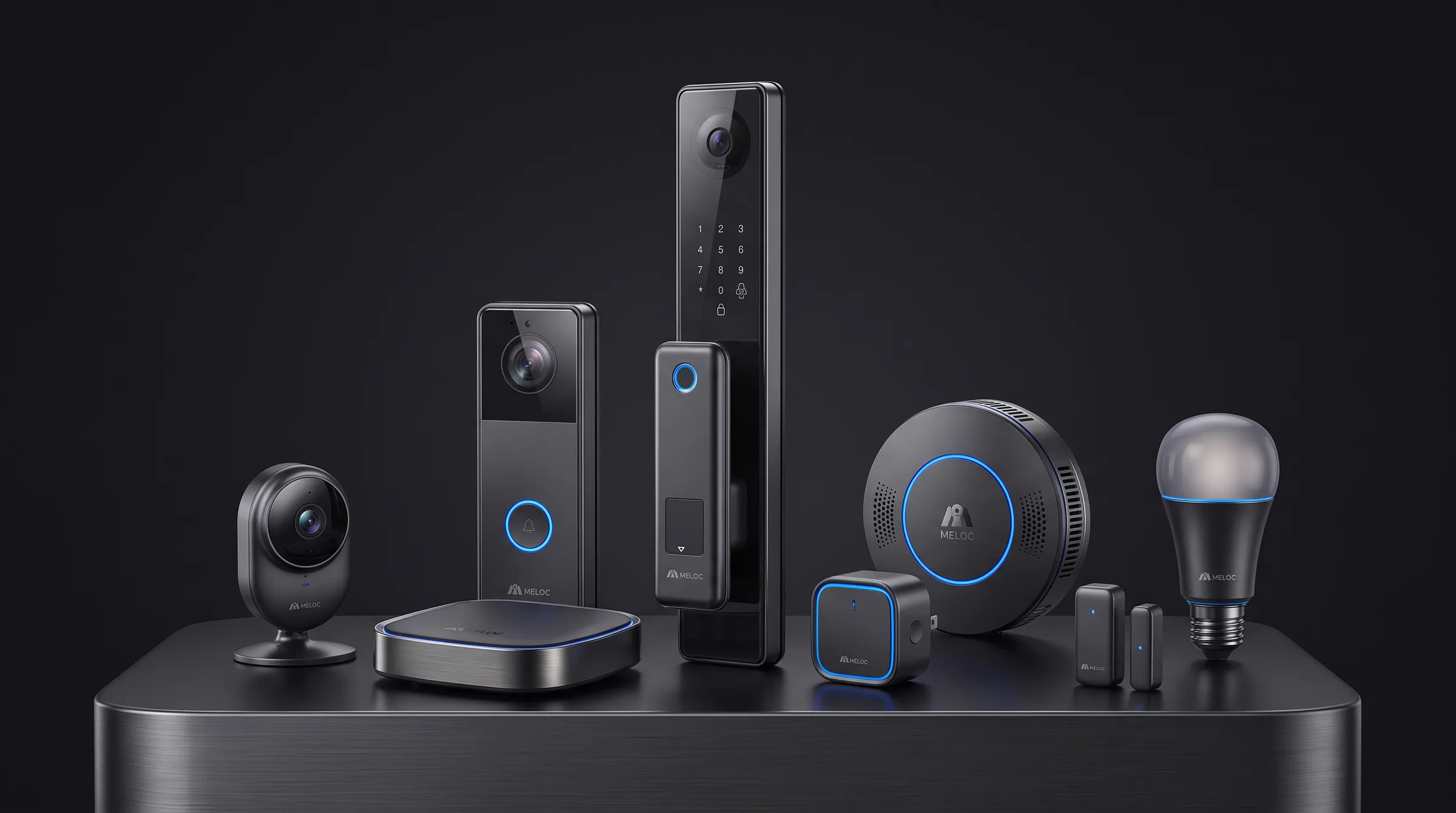 The Meloc family of smart locks and home devices arranged together