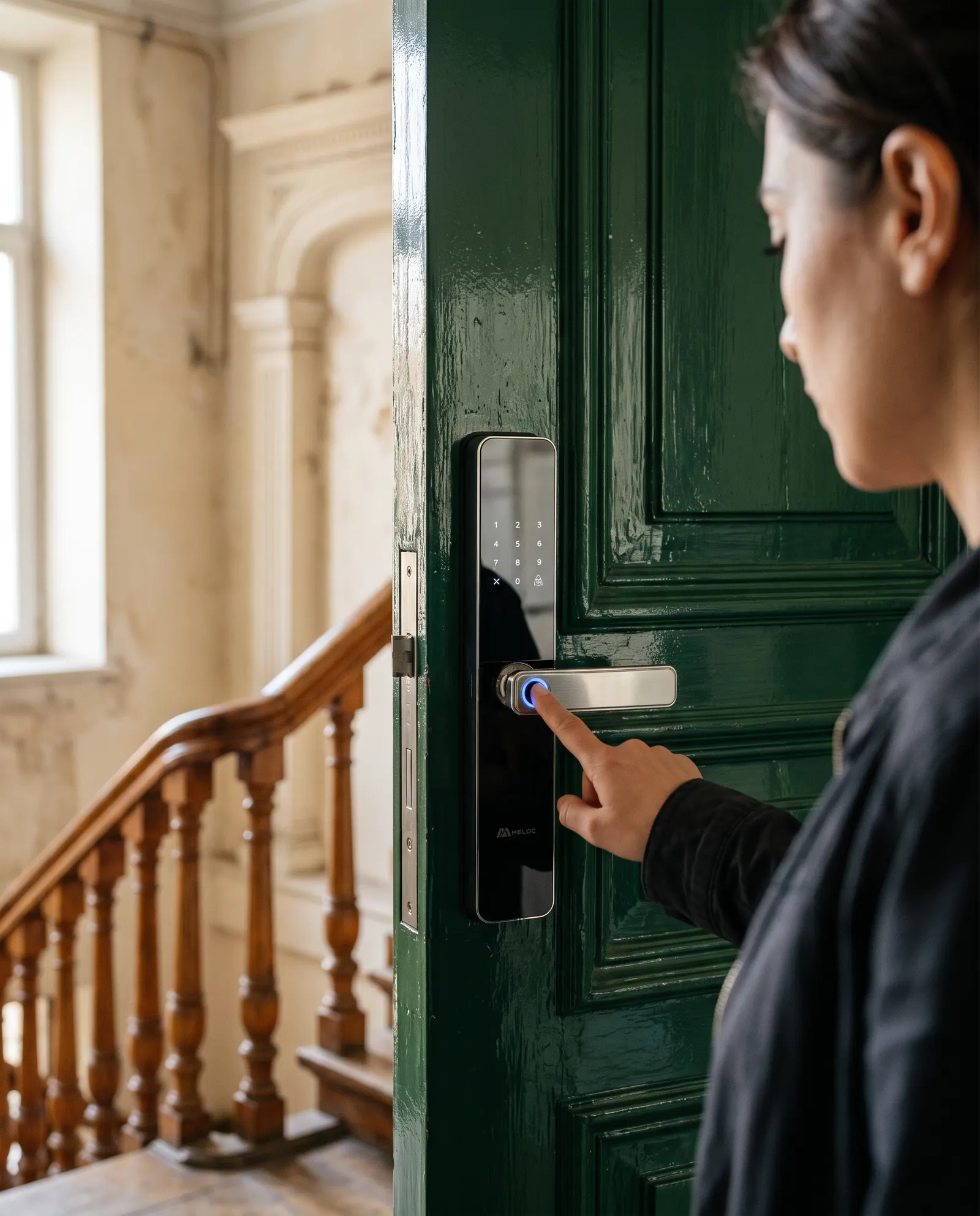 A Meloc Lite smart lock on an apartment door