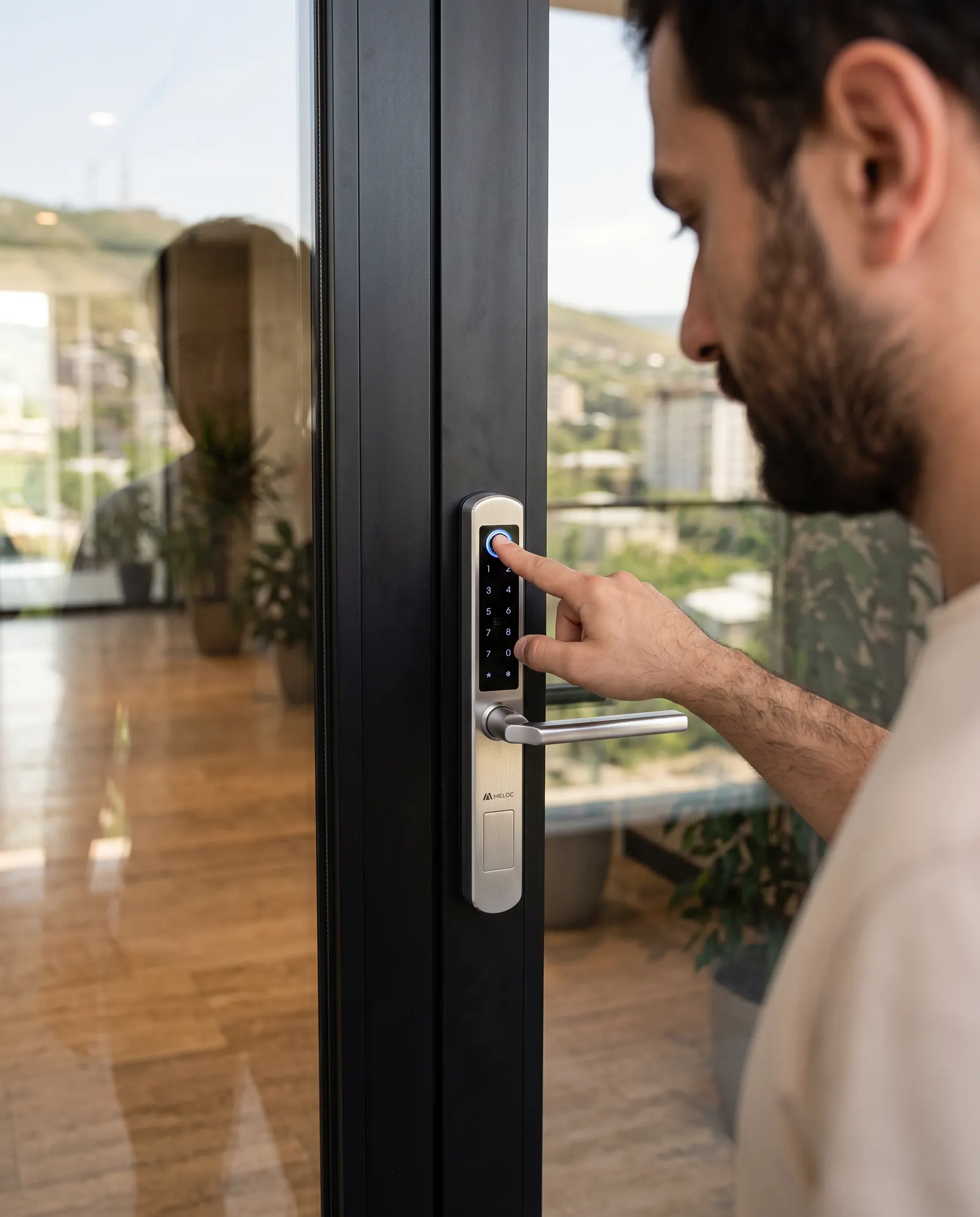 A Meloc Slim lock on a narrow door frame