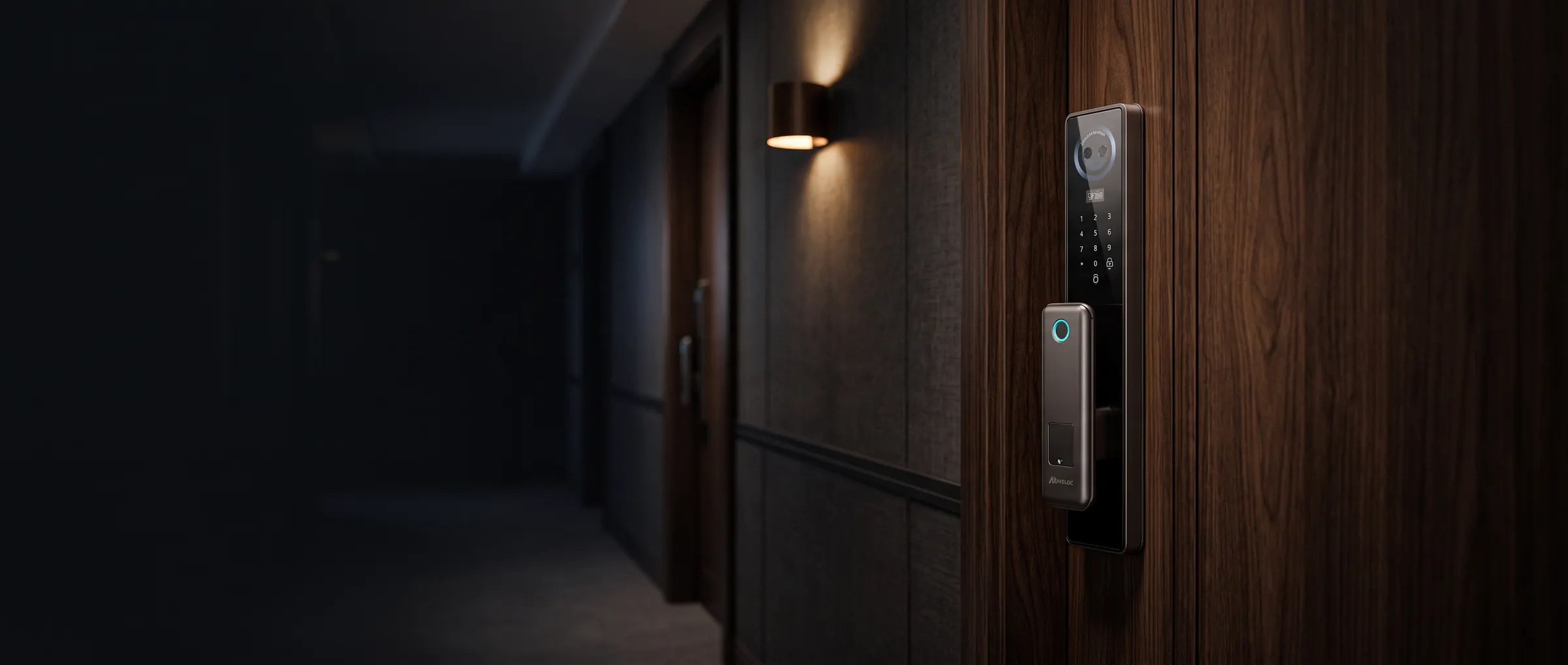 A Meloc smart lock glowing on a dark front door at night