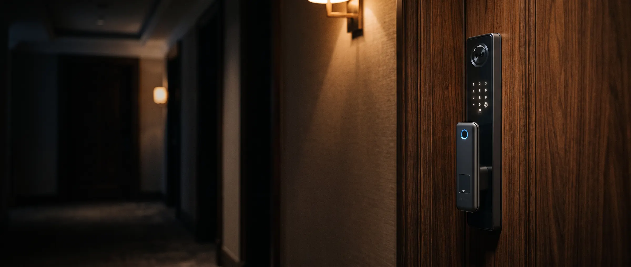 A Meloc smart lock glowing on a dark door