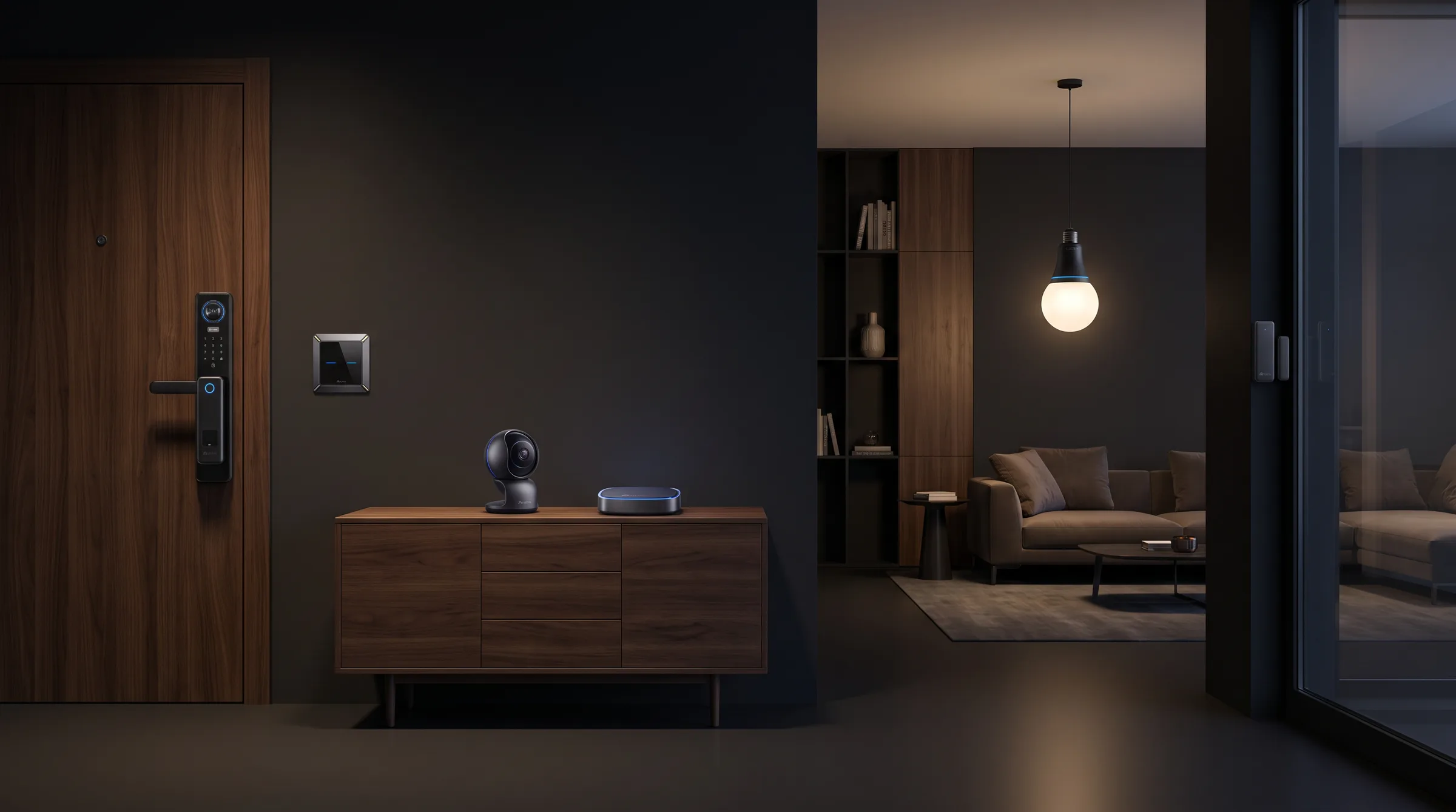 A dark modern apartment entrance with a Meloc lock, wall switch, indoor camera, Gateway, smart bulb and window sensor