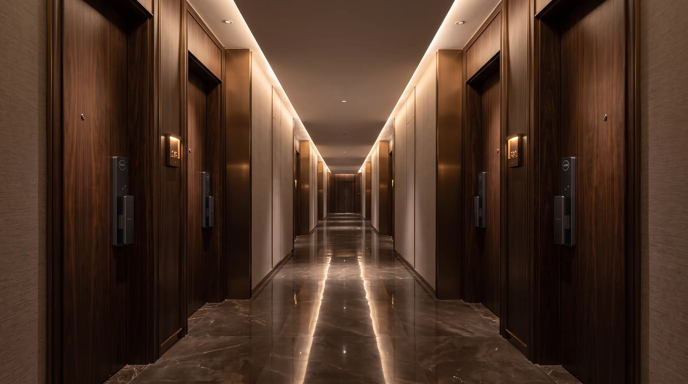 A hotel corridor with room doors