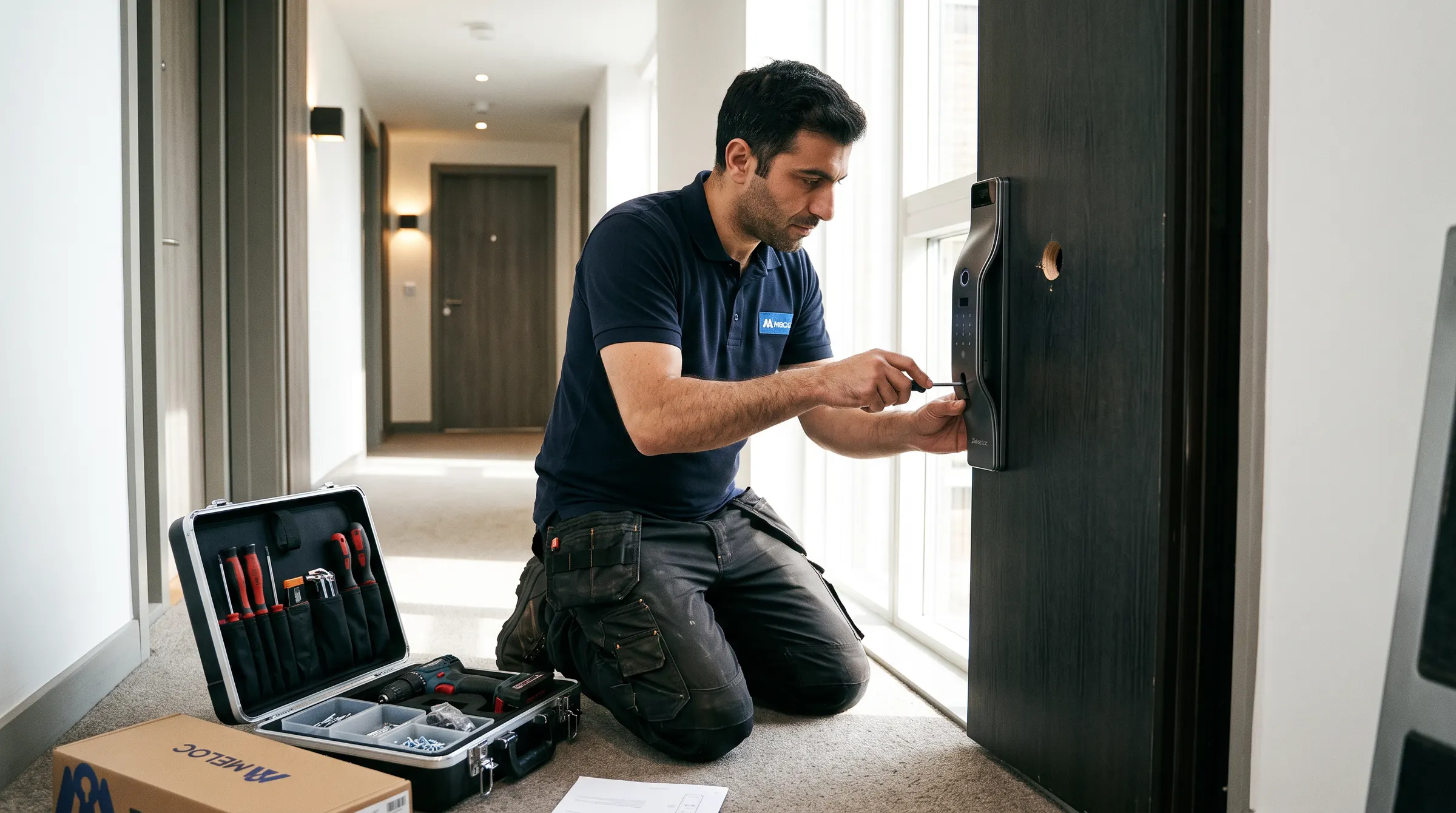 A technician fitting a smart lock on a front door