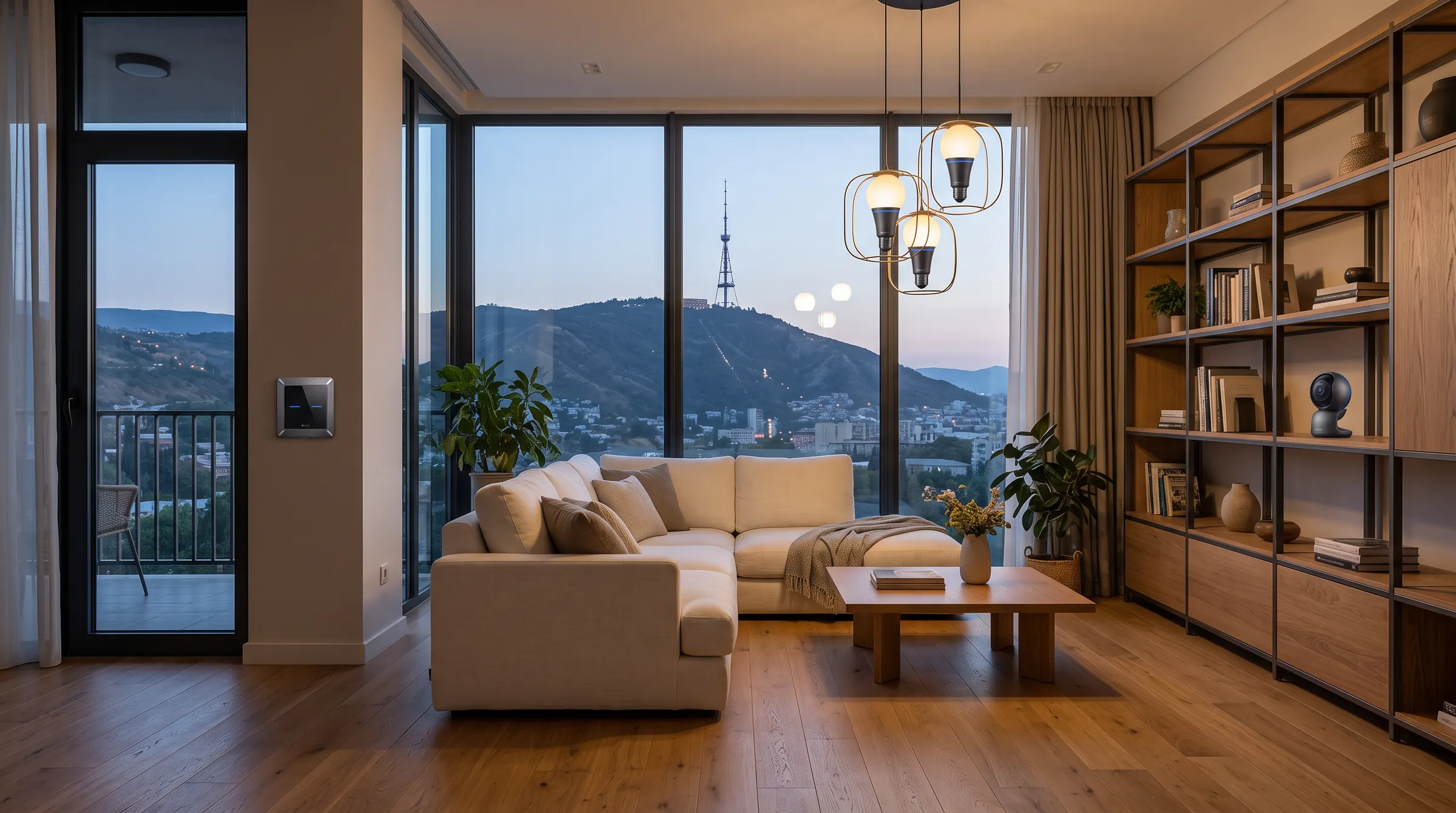 A bright apartment living room seen from the entrance