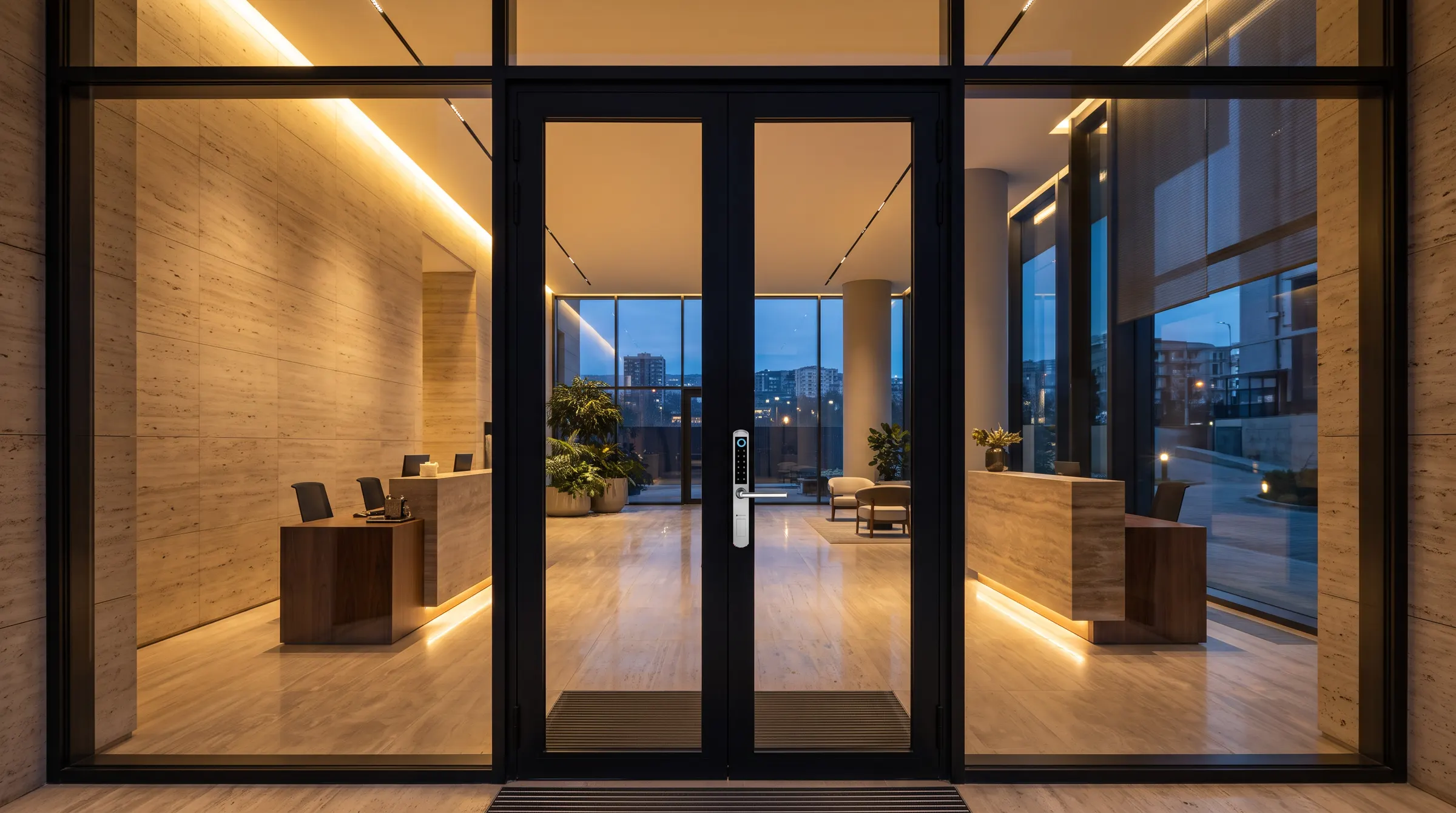 A glass-door lobby in a new-build building