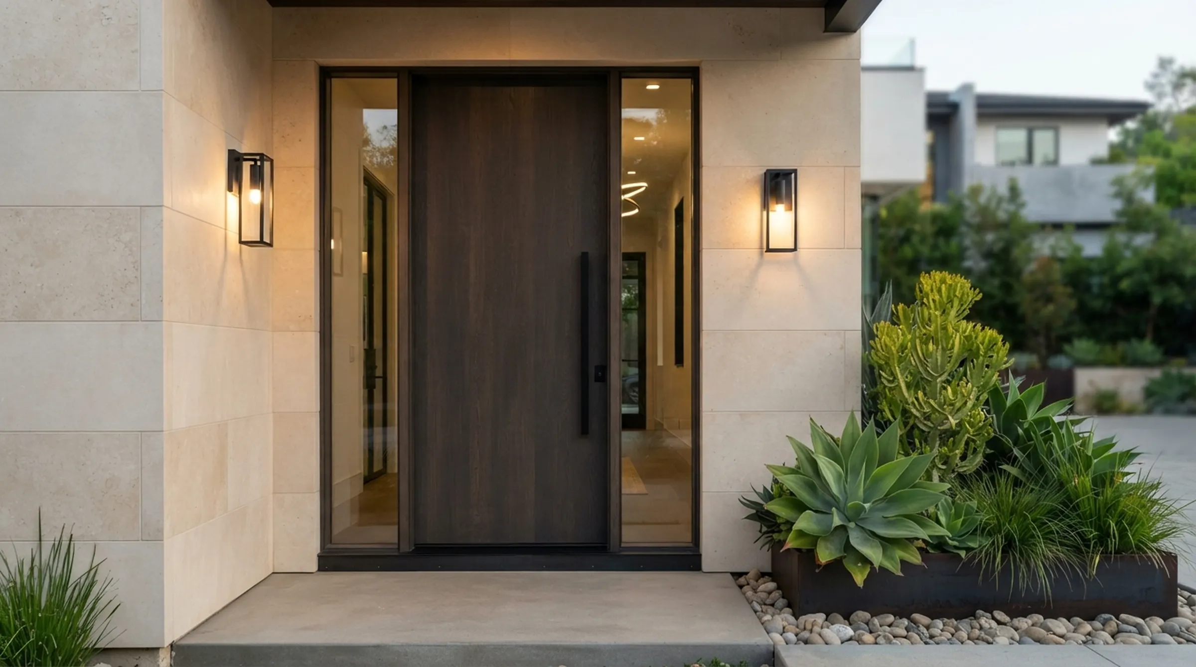 A front door in warm evening light