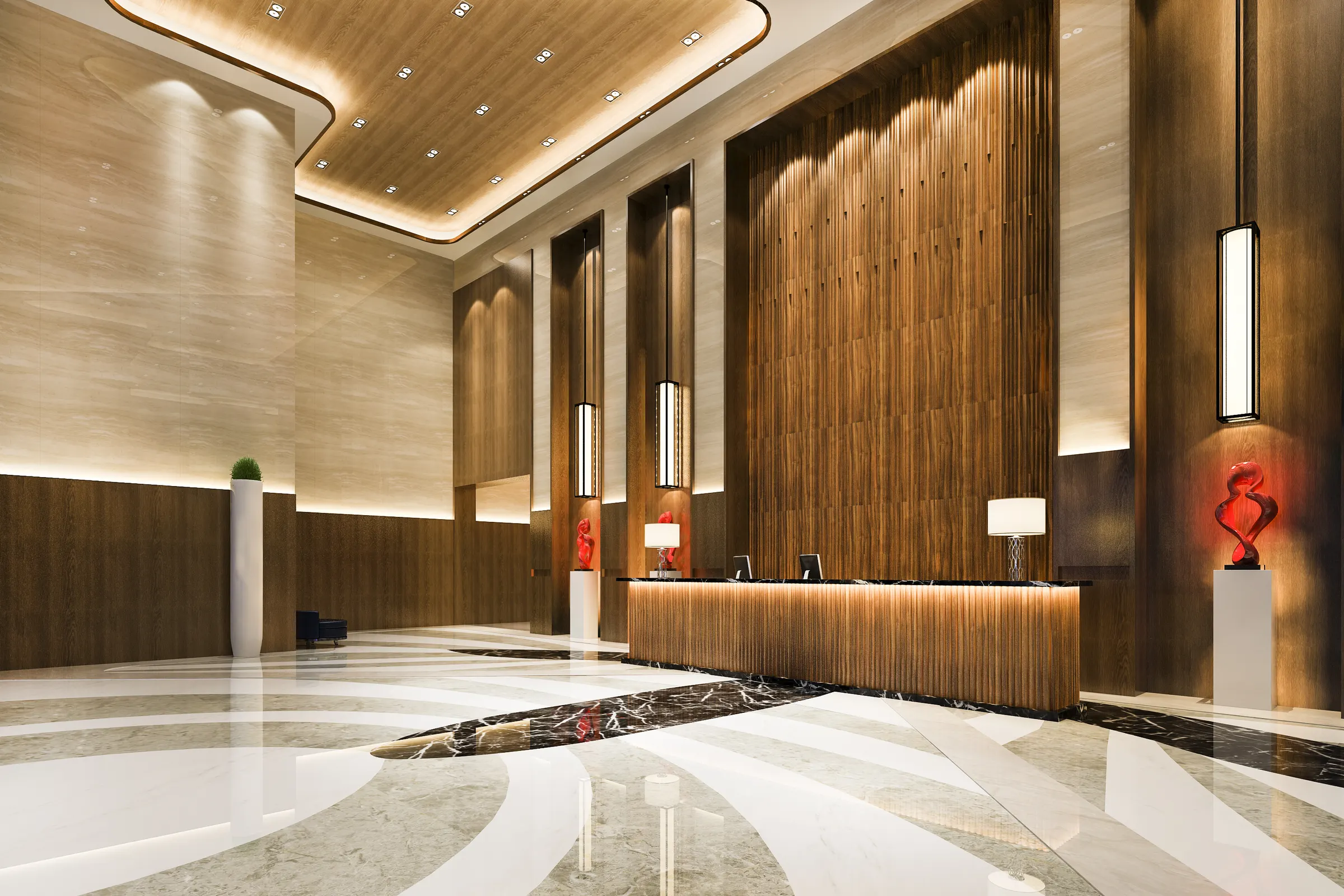 A lobby with glass doors